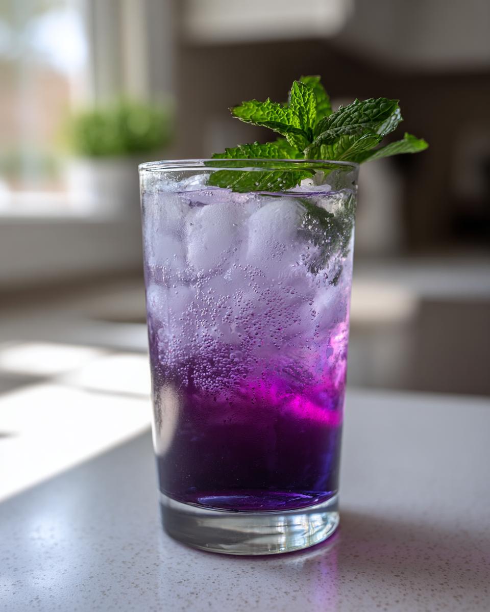 A tall glass of vibrant purple Plum Lemonade filled with ice and garnished with fresh mint leaves.