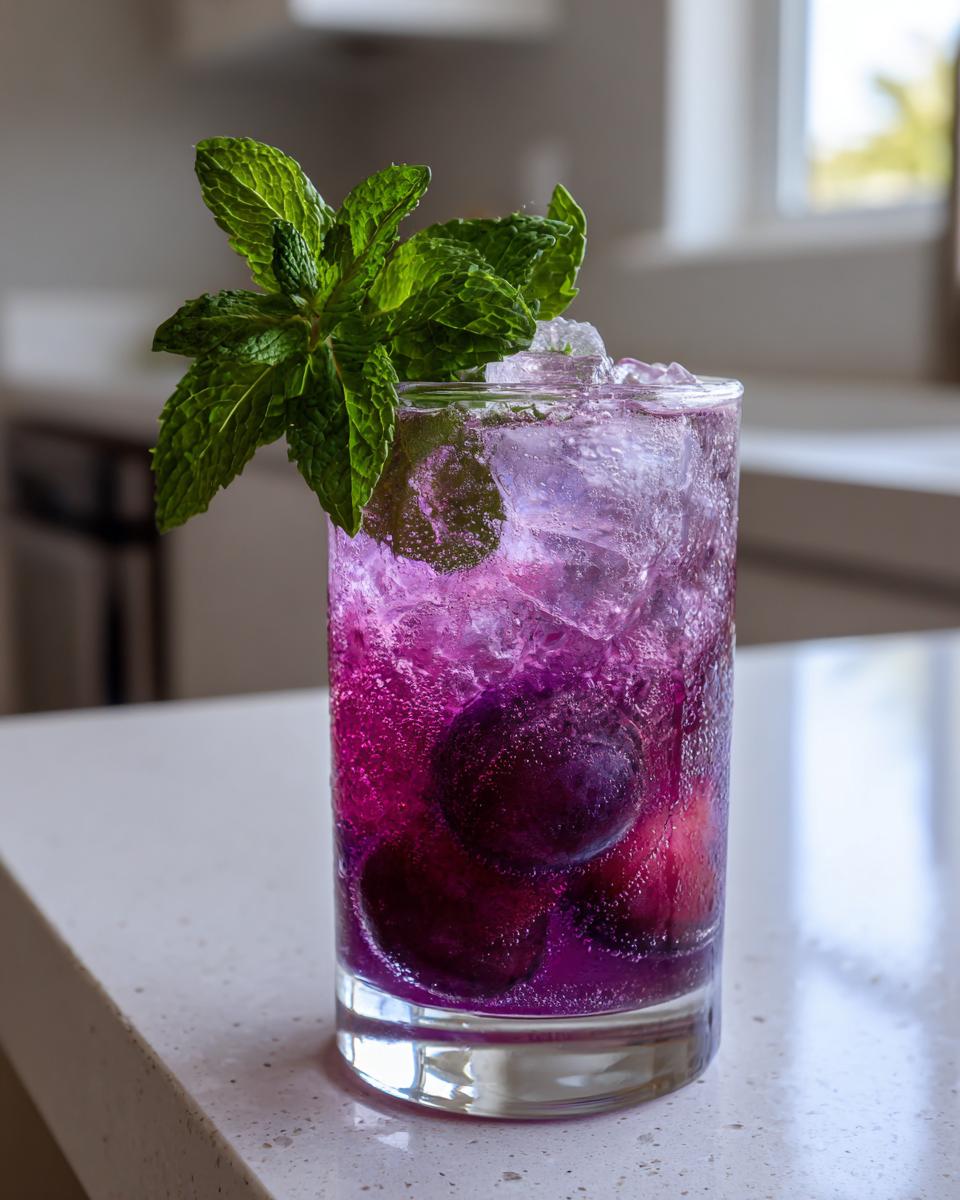 A tall glass of vibrant Plum Lemonade filled with ice, whole plums, and garnished with fresh mint.