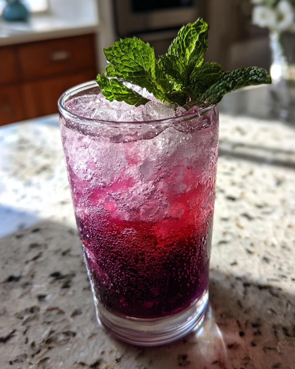 A tall glass of vibrant Plum Lemonade filled with ice and garnished with fresh mint leaves.