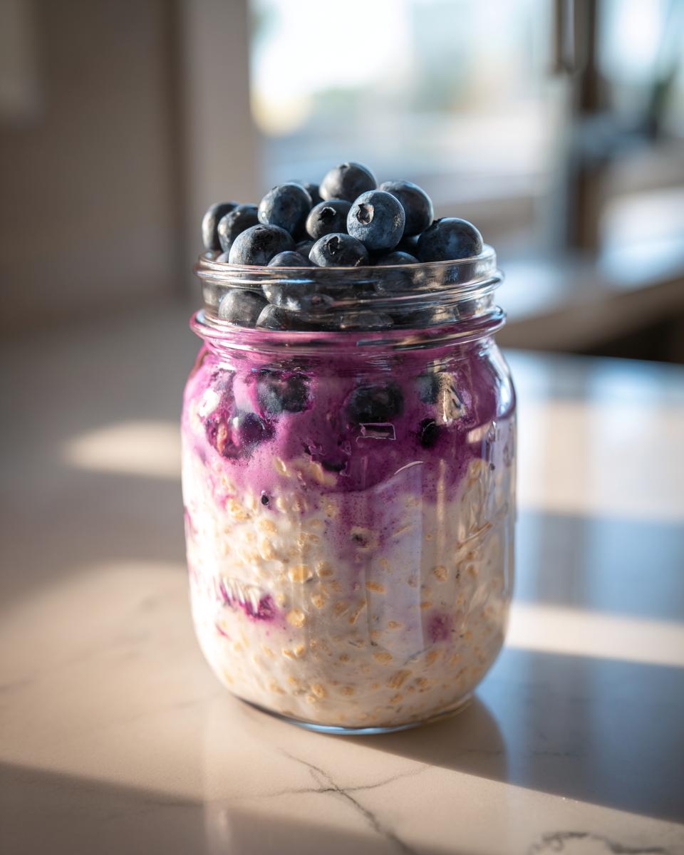 Close-up of Protein Loaded Blueberry Overnight Oats layered in a glass jar, topped with fresh blueberries.