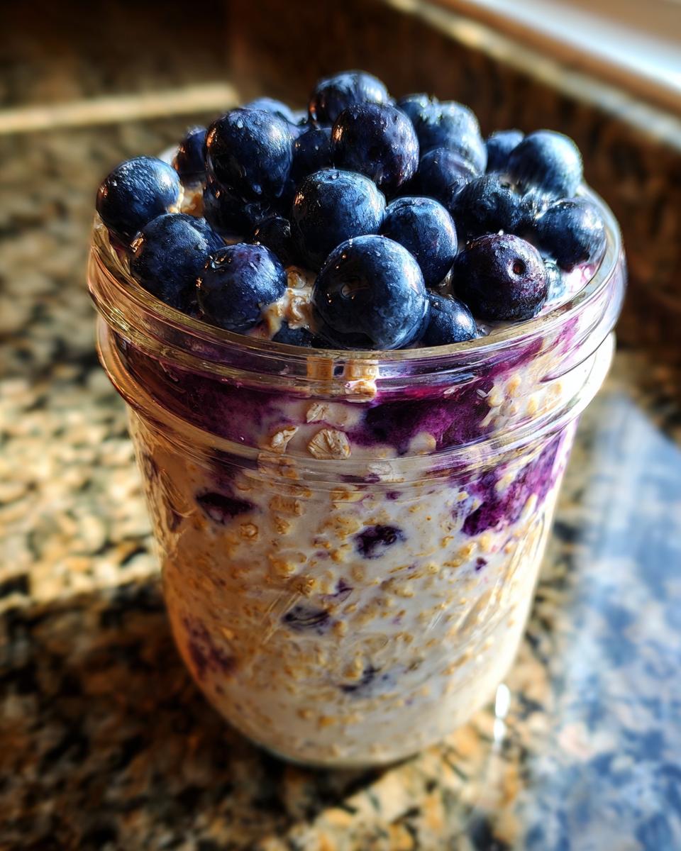 Close-up of Protein Loaded Blueberry Overnight Oats topped with fresh blueberries in a glass mason jar.