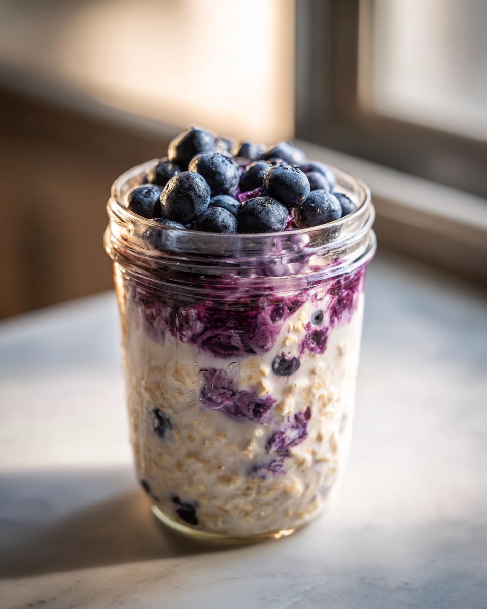 Close-up of Protein Loaded Blueberry Overnight Oats layered in a glass jar, topped with fresh blueberries.