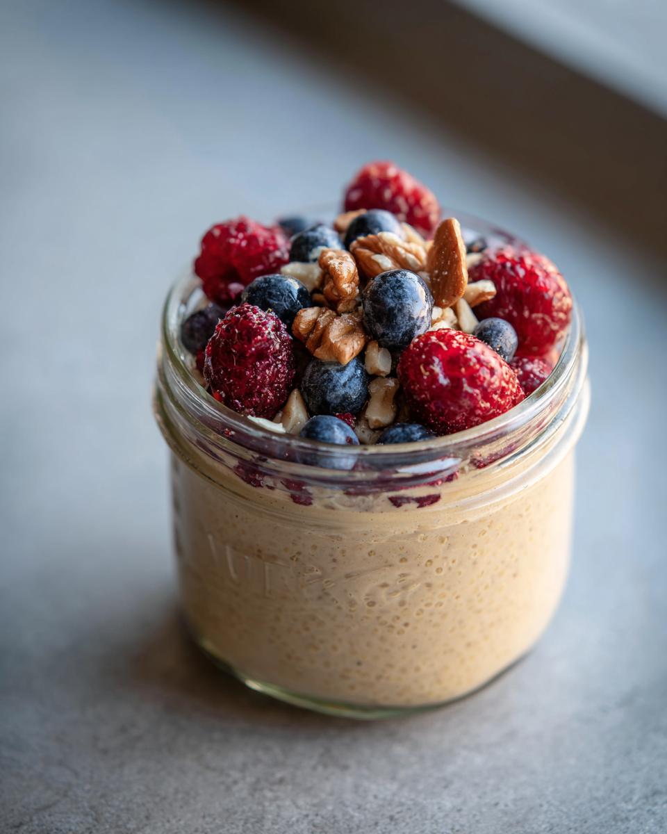 Close-up of Protein Overnight Quinoa in a jar, topped generously with fresh raspberries, blueberries, walnuts, and an almond.