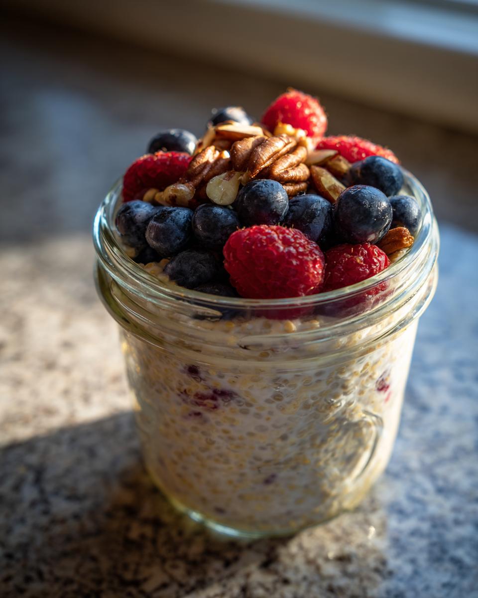 Close-up of Protein Overnight Quinoa in a jar, topped generously with blueberries, raspberries, and pecans.