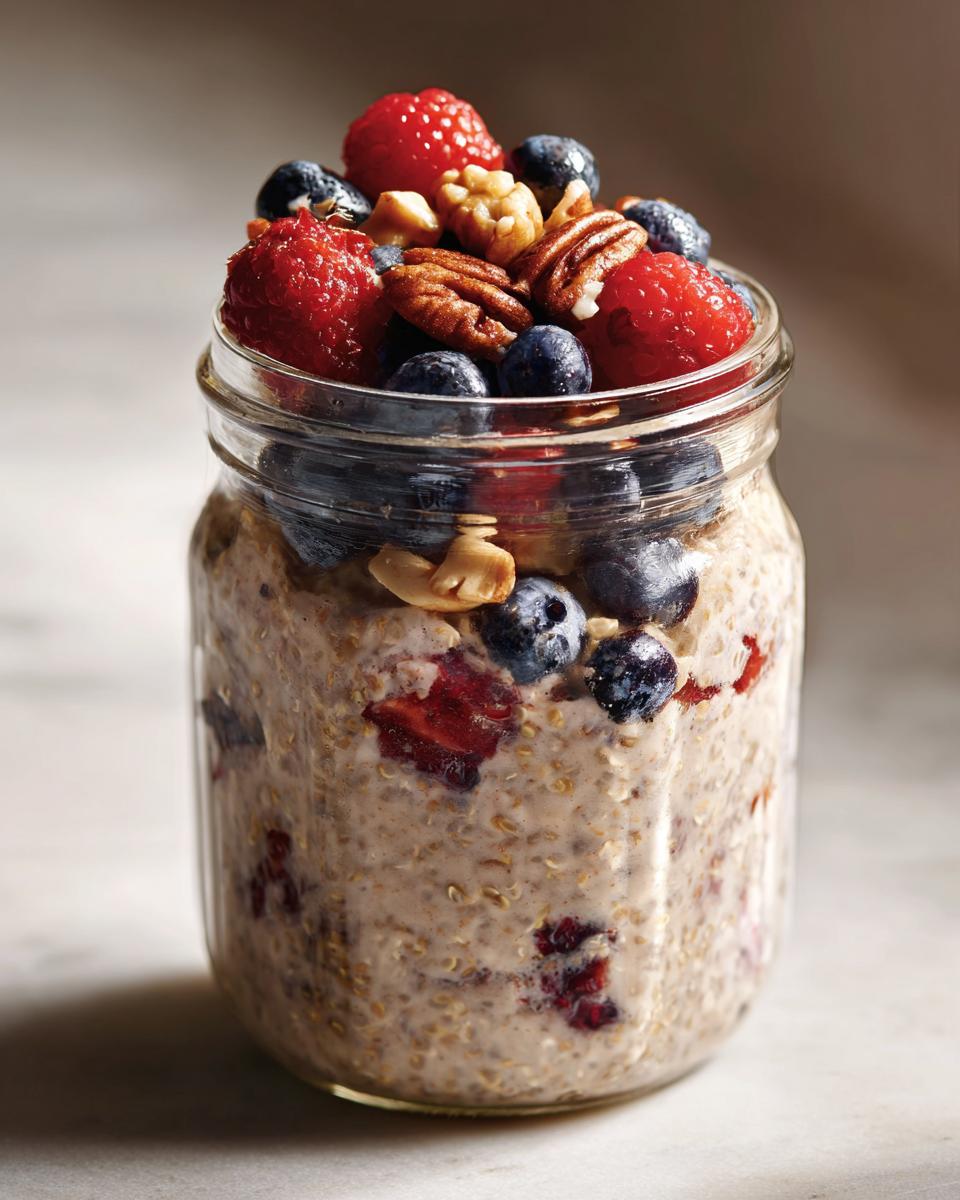 A glass jar filled with creamy Protein Overnight Quinoa topped generously with fresh raspberries, blueberries, and pecans.