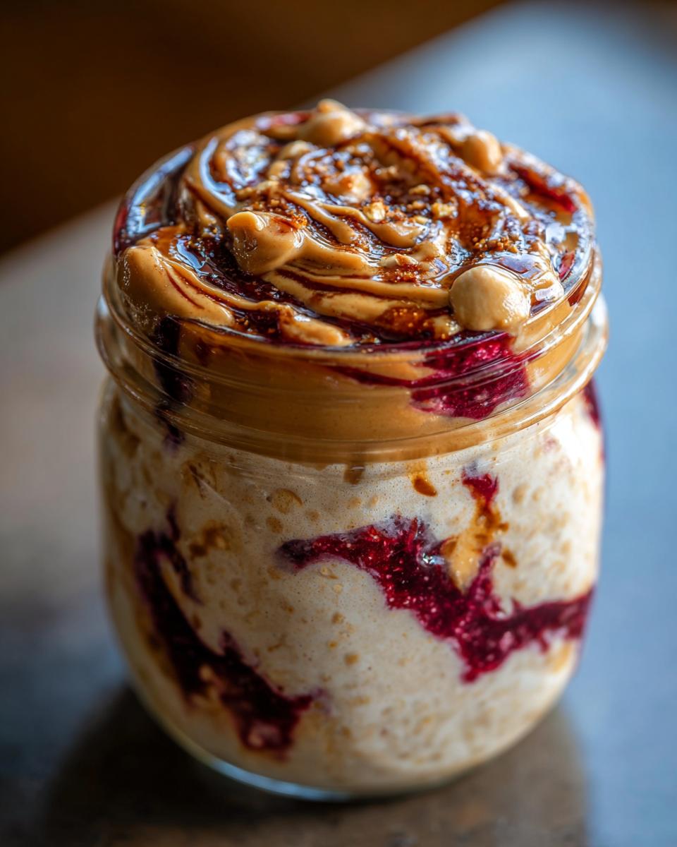 Close-up of Protein Peanut Butter Jelly Overnight Oats in a jar, topped with peanut butter swirl and jelly.
