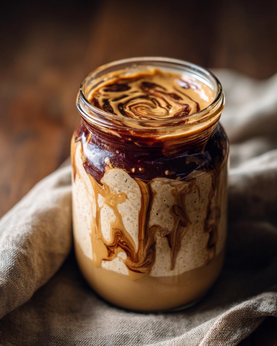 Close-up of Protein Peanut Butter Jelly Overnight Oats in a glass jar, with swirls of peanut butter and jelly.