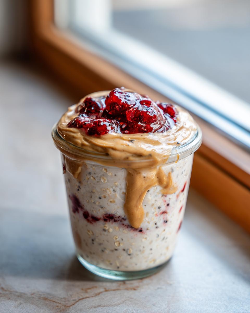 Close-up of Protein Peanut Butter Jelly Overnight Oats in a glass jar, topped with peanut butter and berries.