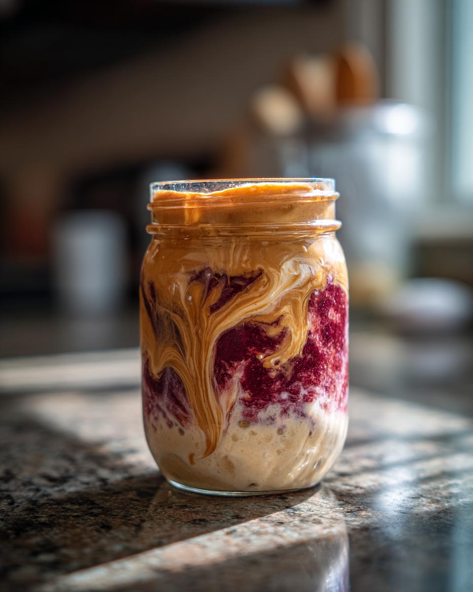 A close-up of Protein Peanut Butter Jelly Overnight Oats in a mason jar, with swirls of peanut butter and berry jam.