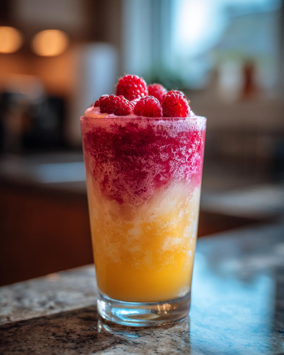 A vibrant Raspberry Sunrise Smoothie topped with fresh raspberries in a tall glass.