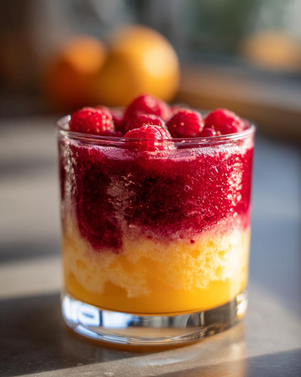A refreshing Raspberry Sunrise Smoothie layered with yellow and red hues, topped with fresh raspberries.