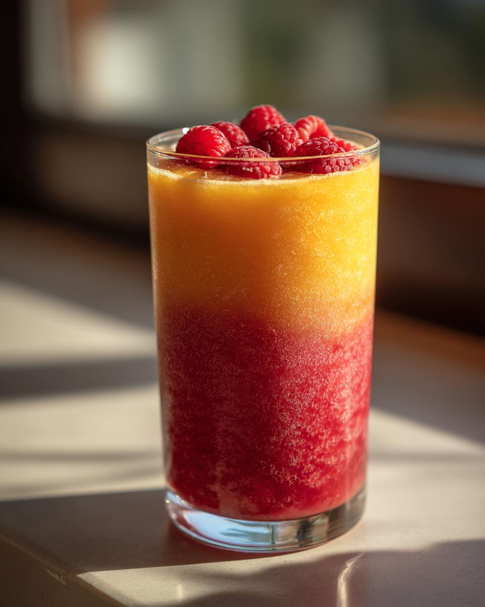 A tall glass filled with a vibrant Raspberry Sunrise Smoothie, topped with fresh raspberries.
