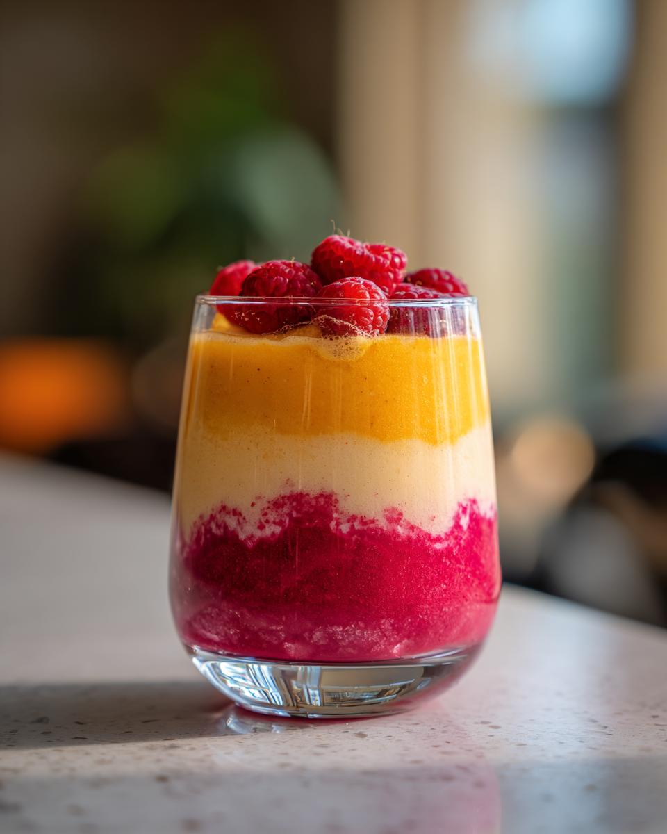 A vibrant Raspberry Sunrise Smoothie layered with pink, white, and yellow, topped with fresh raspberries.
