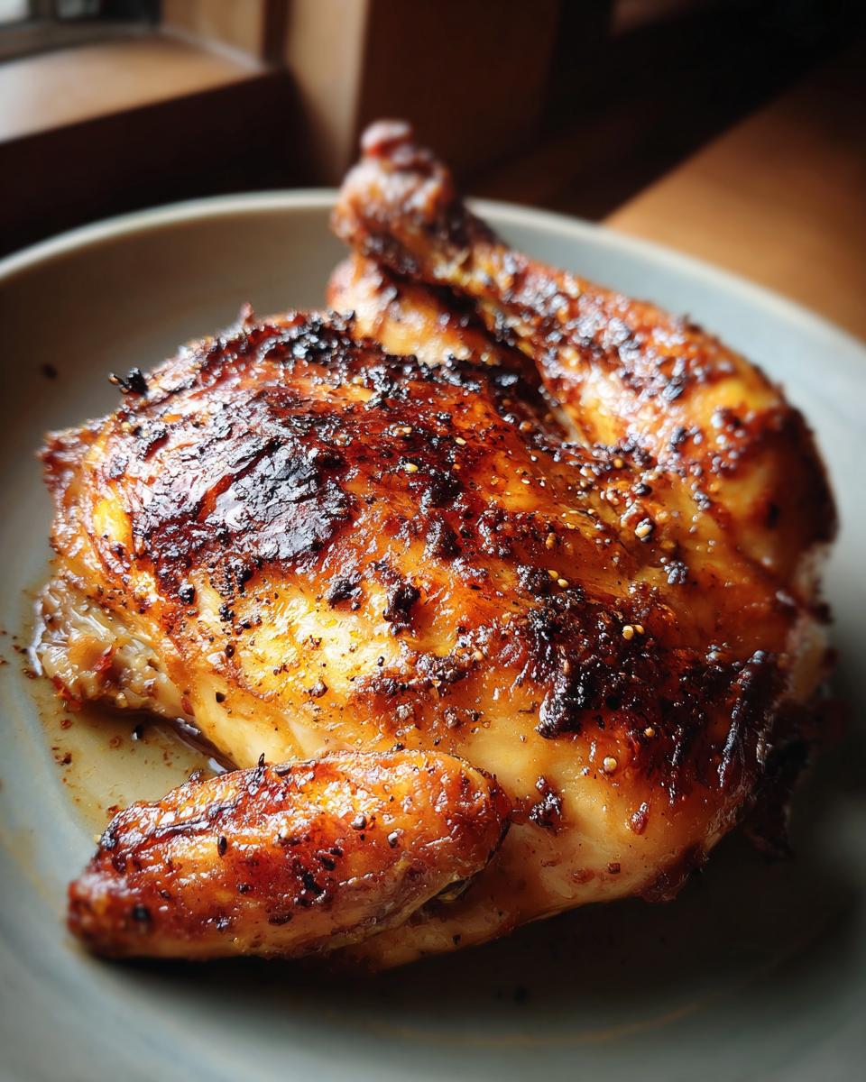 A perfectly roasted chicken quarter with crispy skin, seasoned and served on a plate.