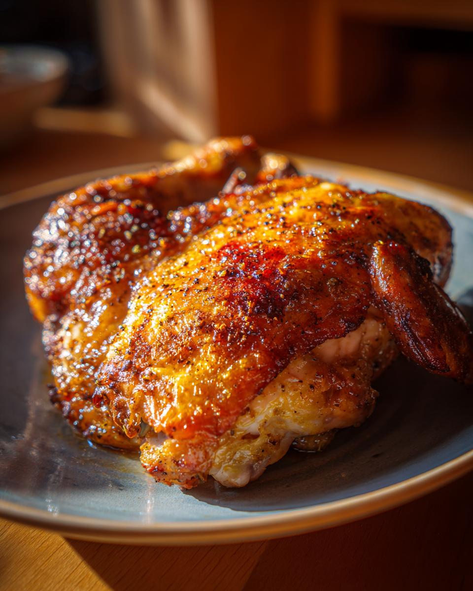 Close-up of a perfectly roasted chicken quarter with crispy skin, seasoned with spices, on a plate.