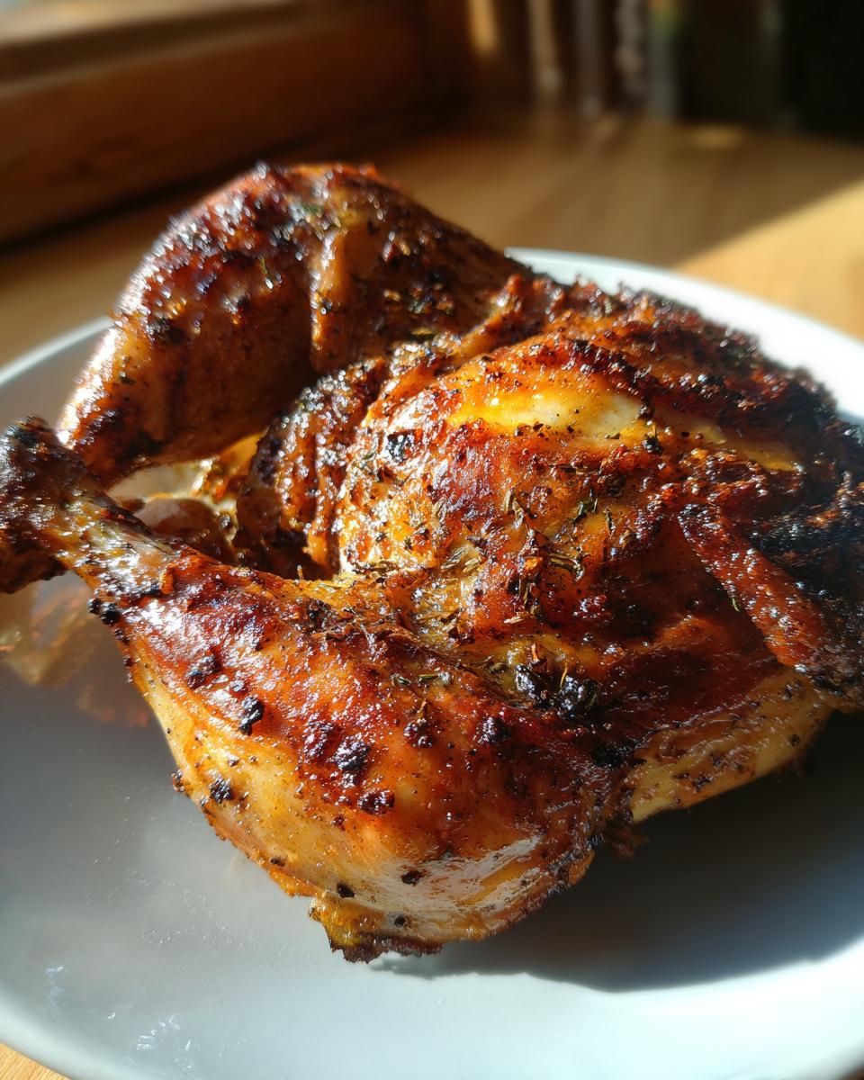Close-up of two perfectly roasted chicken quarters seasoned with herbs and spices on a white plate.