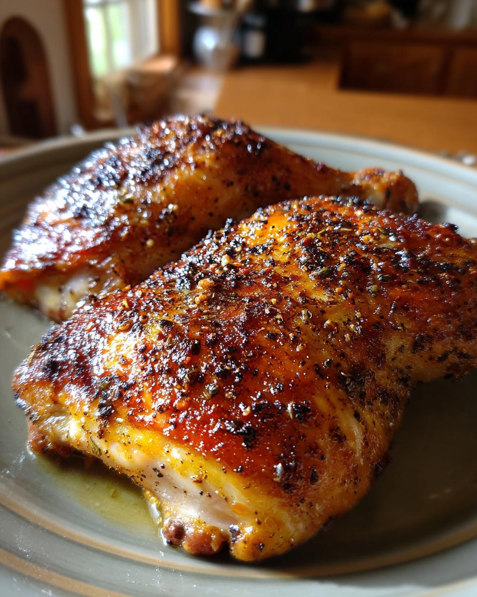 Two perfectly roasted chicken quarters seasoned with herbs and spices, glistening on a plate.