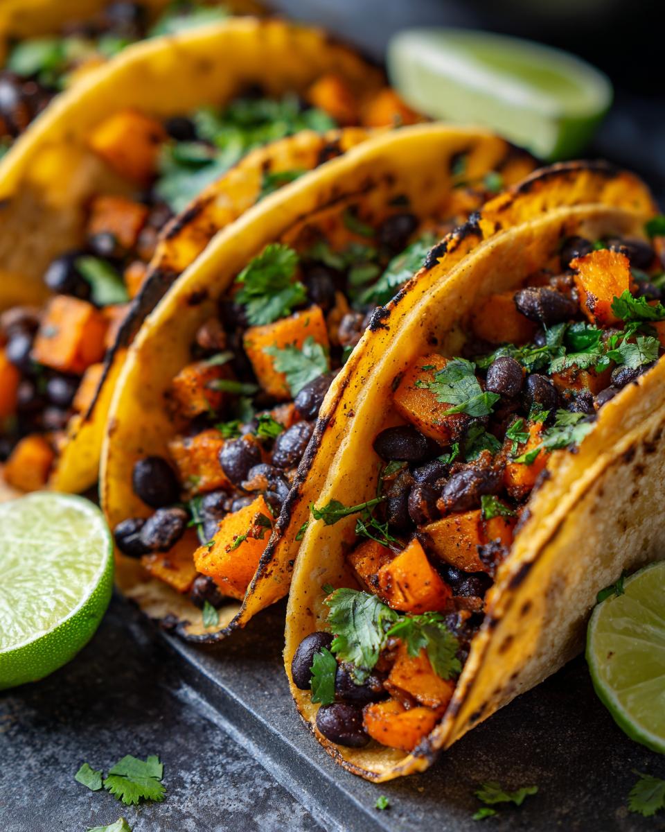 Close-up of three Roasted Sweet Potato Black Bean Tacos filled with seasoned sweet potatoes and black beans, garnished with cilantro and lime wedges.