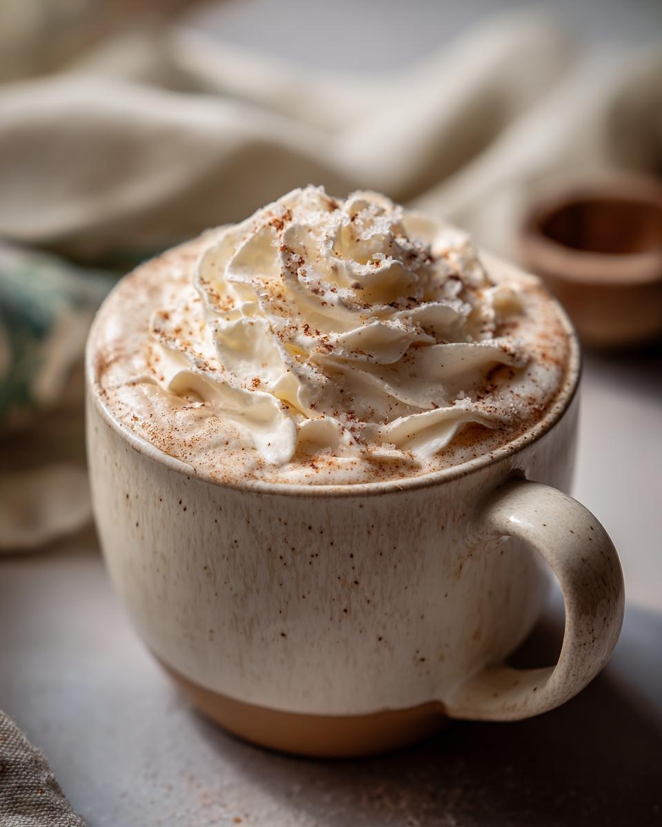 A close-up of a Salted Caramel Cashew Latte topped with whipped cream and a sprinkle of cinnamon.