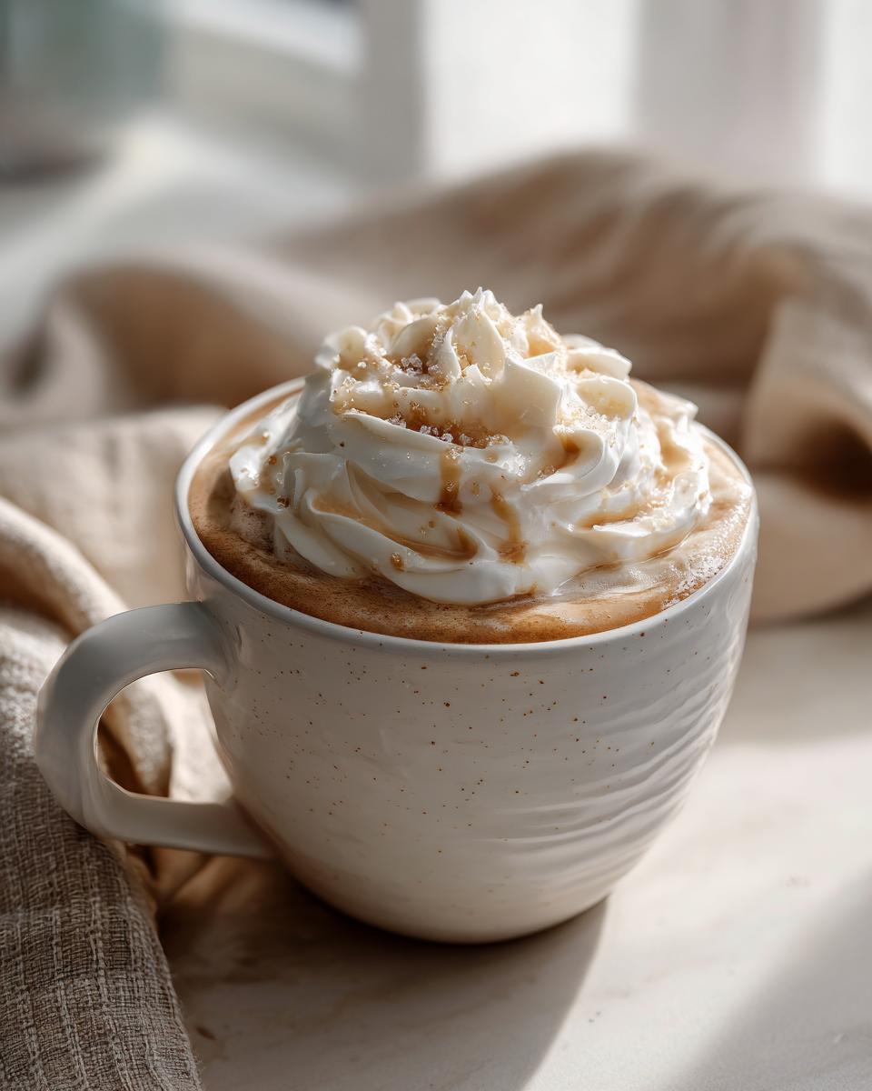 A close-up of a Salted Caramel Cashew Latte topped with whipped cream and caramel drizzle in a speckled mug.