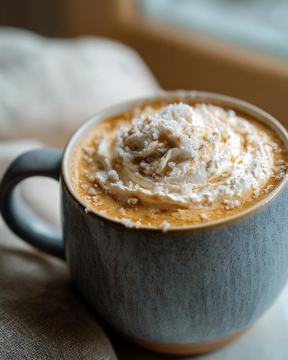 Close-up of a Salted Caramel Cashew Latte topped with whipped cream and coarse salt.