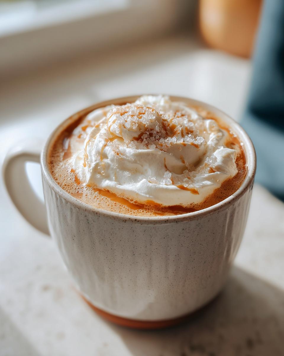 A close-up of a Salted Caramel Cashew Latte topped with whipped cream, caramel drizzle, and coarse sugar.
