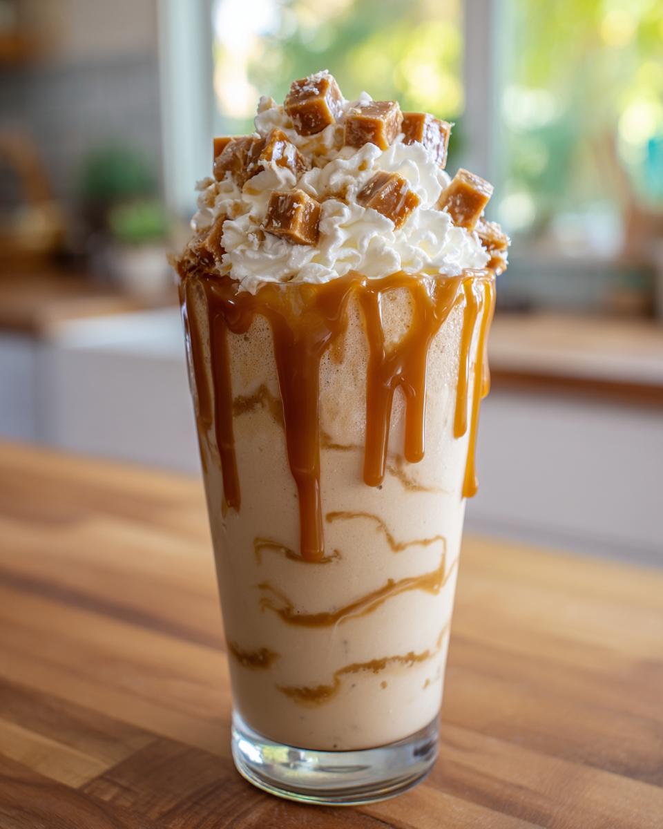 A tall glass filled with a creamy Salted Caramel Chunky Milkshake, drizzled with caramel sauce and topped with whipped cream and caramel chunks.