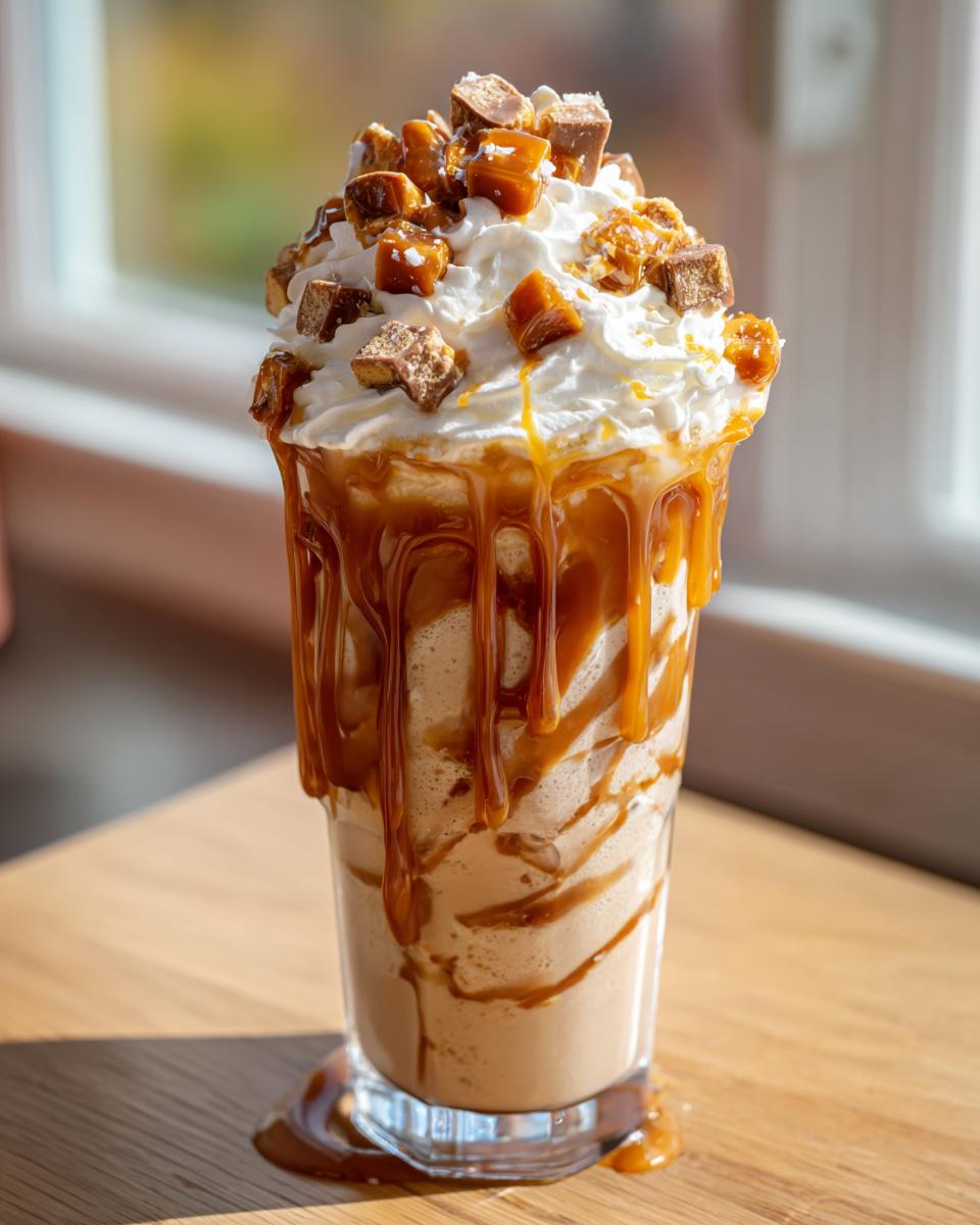 A tall glass filled with a thick Salted Caramel Chunky Milkshake, topped with whipped cream, caramel drizzle, and chunks of candy.