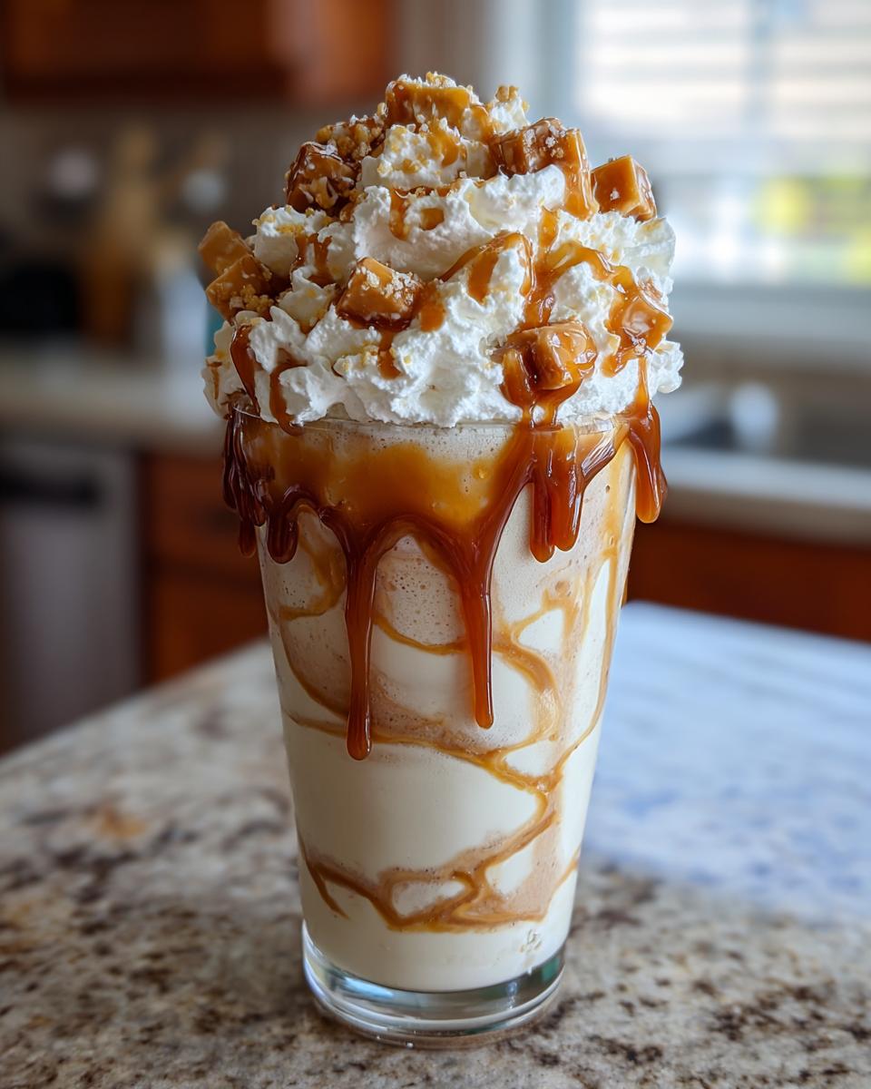 A tall glass filled with a creamy Salted Caramel Chunky Milkshake, topped with whipped cream, caramel drizzle, and candy pieces.