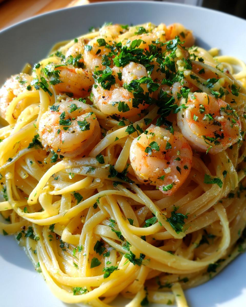 A close-up of a bowl of Savory Lemon Garlic Shrimp Pasta, featuring linguine tossed in a light sauce and topped with plump shrimp and fresh parsley.