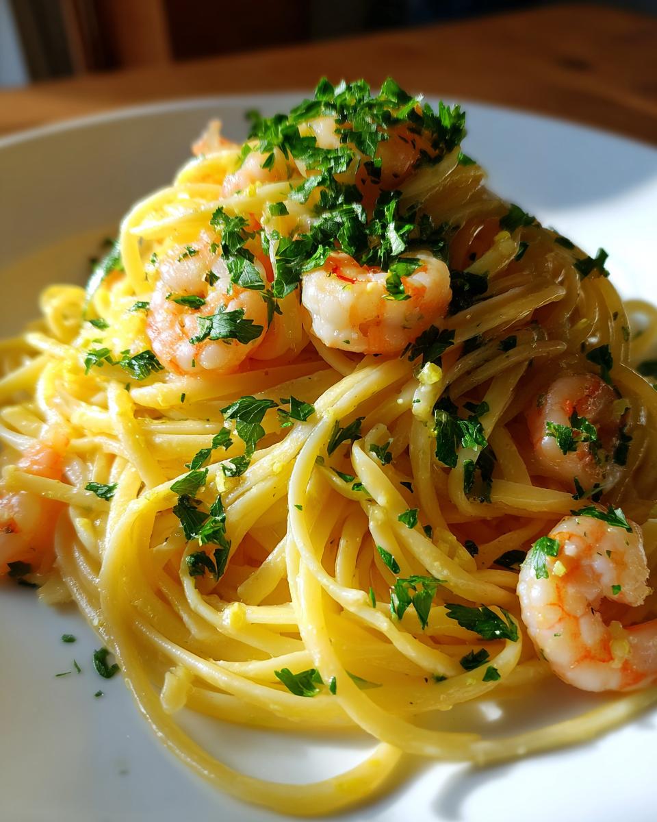 A close-up of a serving of Savory Lemon Garlic Shrimp Pasta topped with fresh parsley.