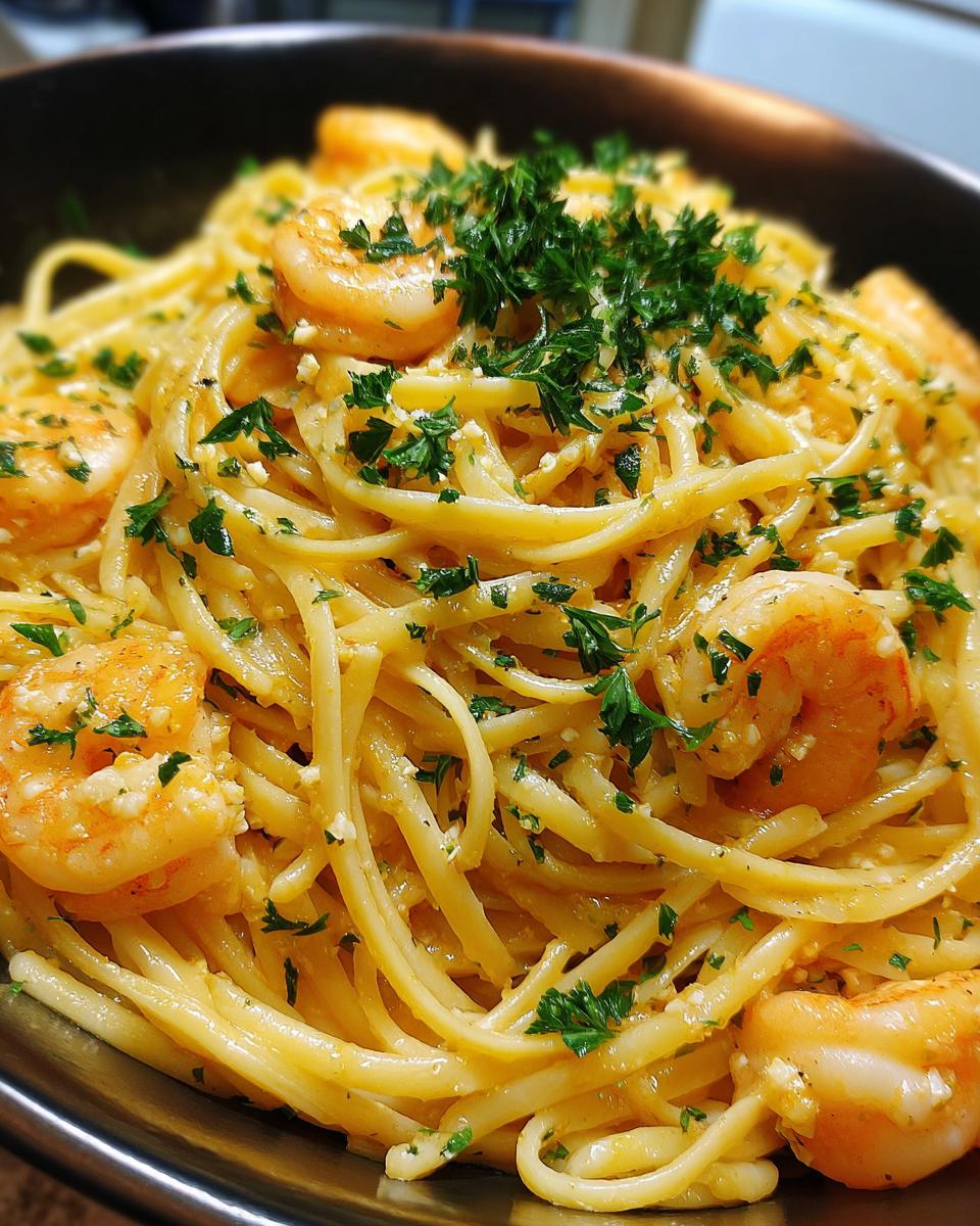 A close-up view of a bowl filled with Savory Lemon Garlic Shrimp Pasta, topped generously with fresh chopped parsley.