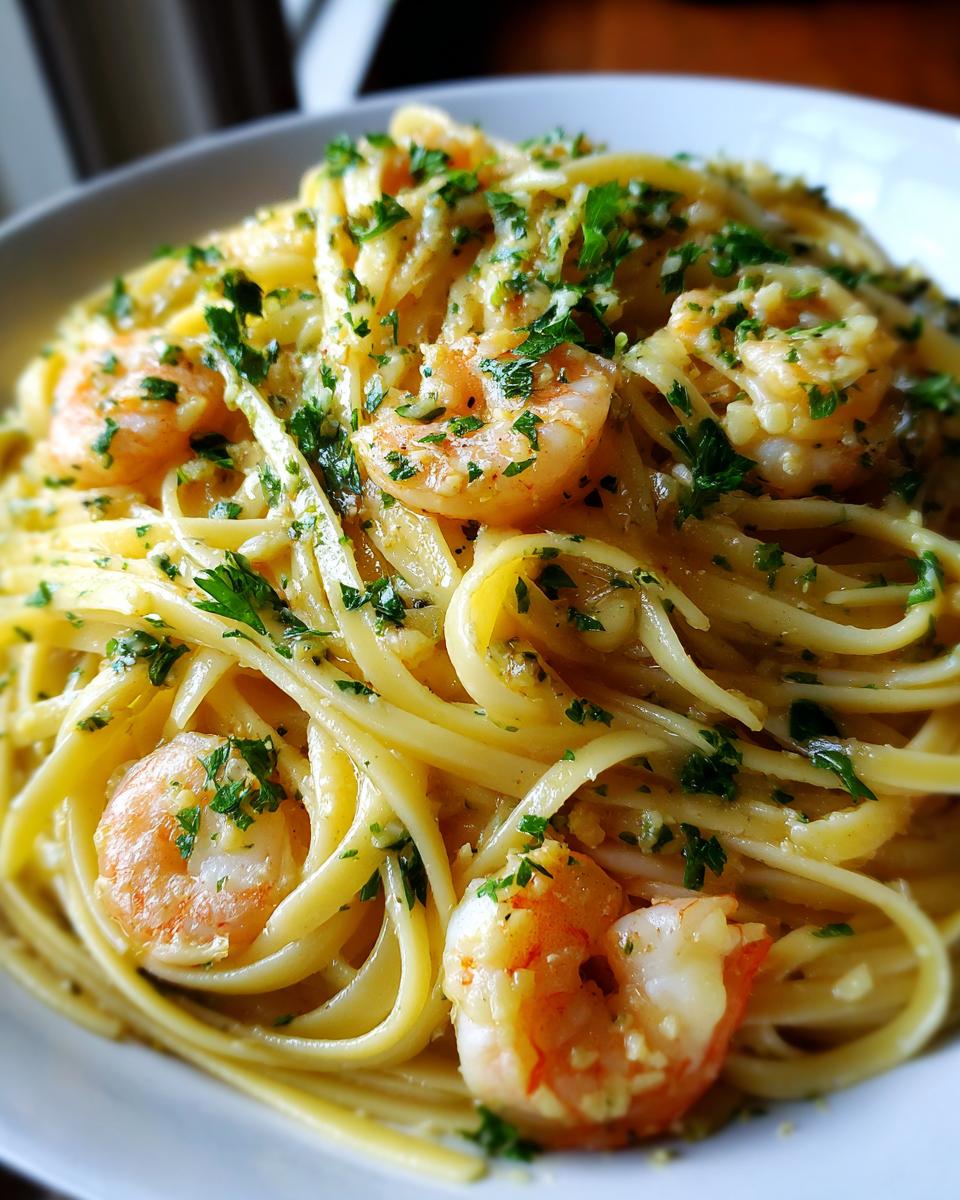 Close-up of linguine pasta tossed in a bright sauce with shrimp and fresh parsley, showcasing the Savory Lemon Garlic Shrimp Pasta.