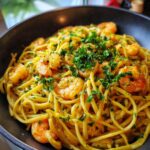 Close-up of Savory Lemon Garlic Shrimp Pasta tossed in a rich sauce and topped with fresh parsley in a black skillet.