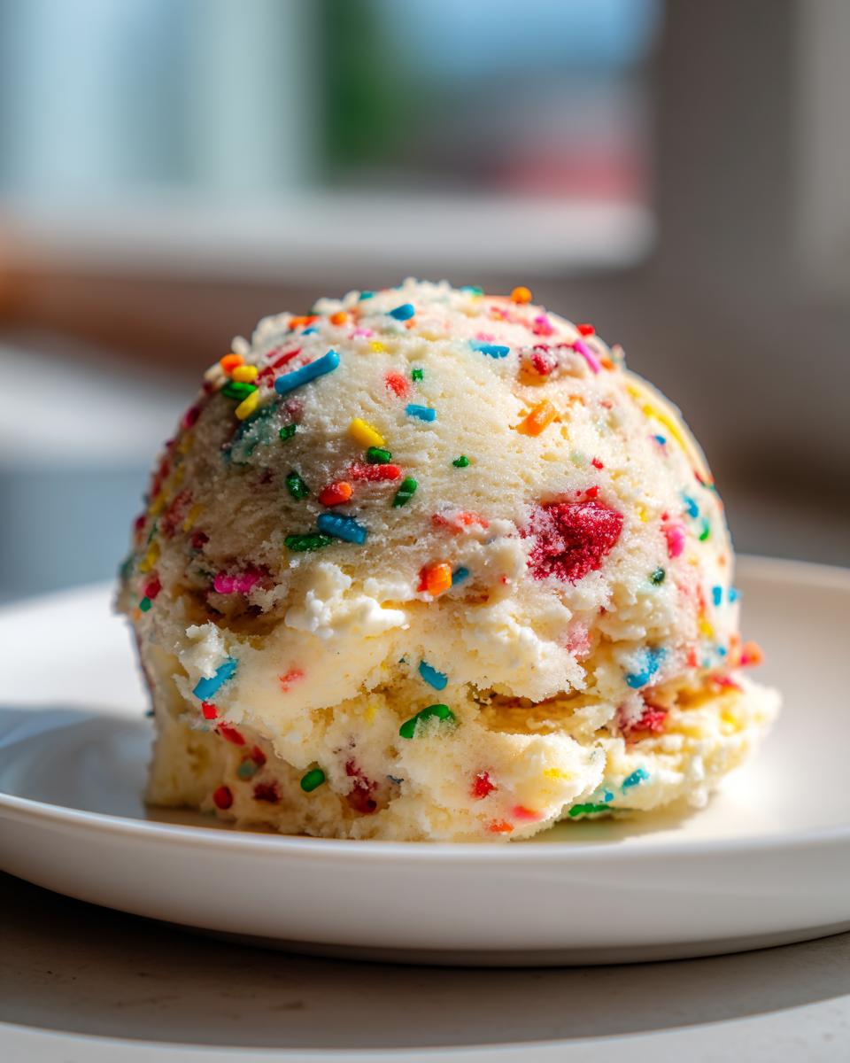 A perfectly scooped ball of Edible Vegan Funfetti Cookie Dough covered in colorful sprinkles, served on a white plate.