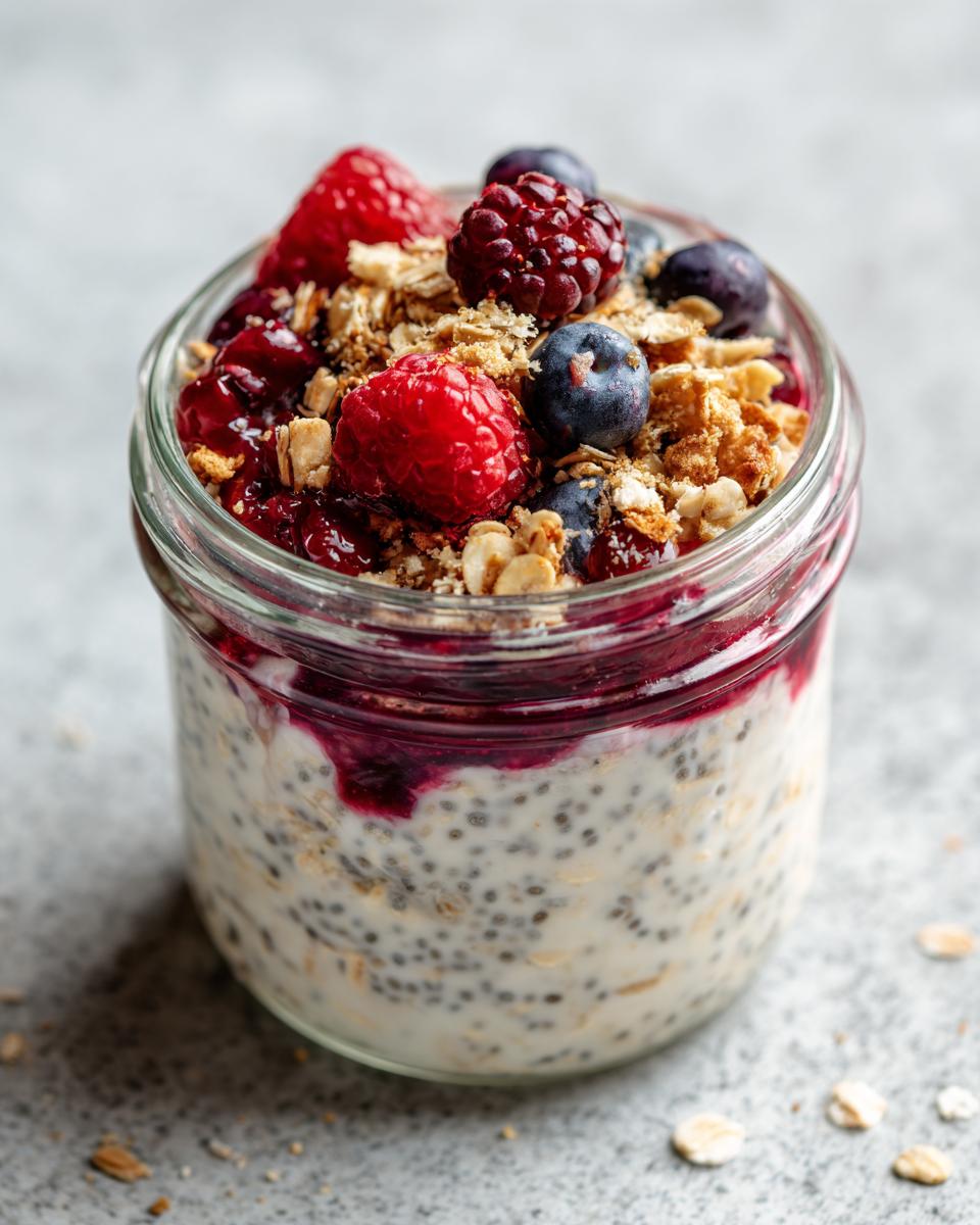 Close-up of a glass jar filled with simple overnight oats, topped with mixed berries, jam, and granola.