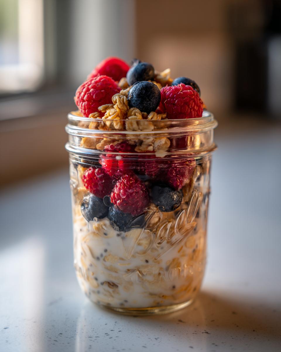 A mason jar filled with simple overnight oats, layered with fresh blueberries, raspberries, and crunchy granola.