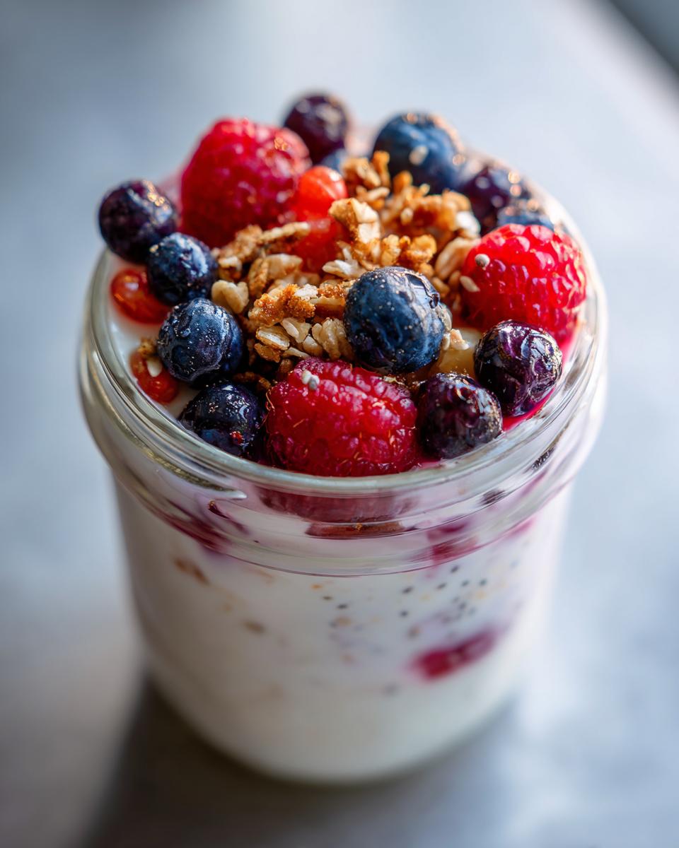 Close-up of Simple Overnight Oats topped with fresh berries, raspberries, blueberries, and crunchy granola in a glass jar.