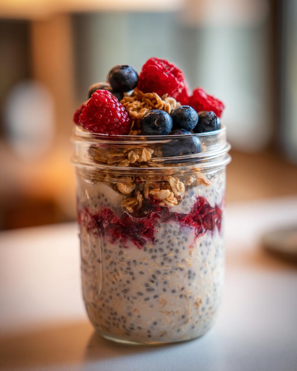 A close-up of a jar filled with Simple Overnight Oats, layered with raspberries, blueberries, and crunchy granola.