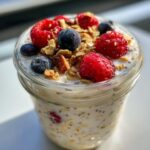 Close-up of a jar filled with simple overnight oats, topped with fresh raspberries, blueberries, and crunchy granola.