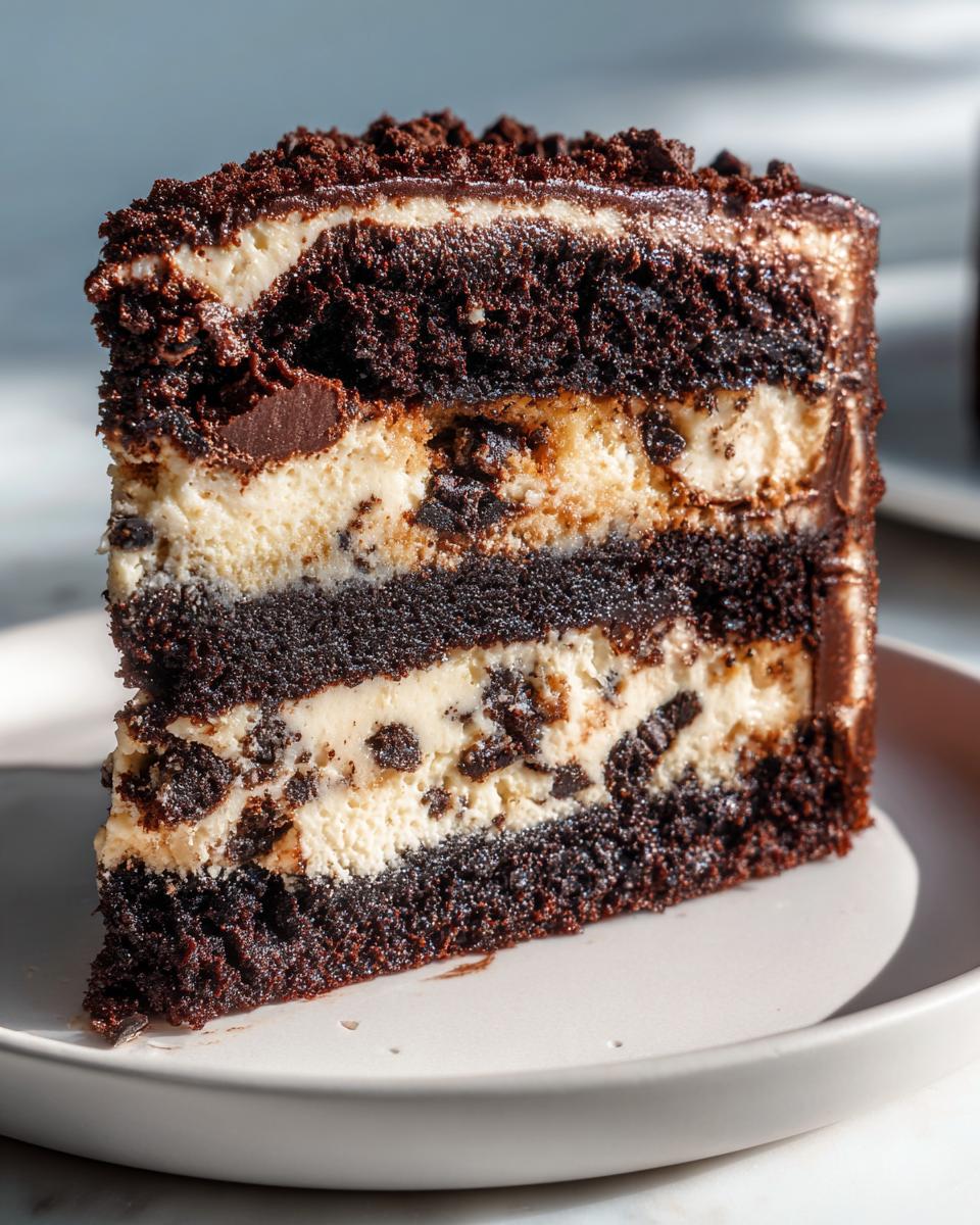 Close-up of a decadent slice of Vegan Brownie Cookie Dough Cake showing dark chocolate layers and creamy filling with cookie chunks.