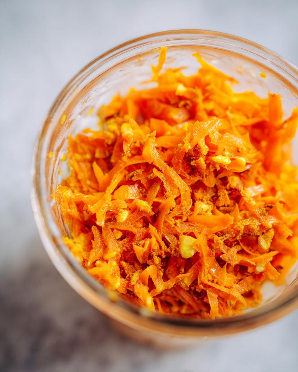 Close-up of grated carrots mixed with spices in a glass jar for Spiced Carrot Cake Overnight Oats.