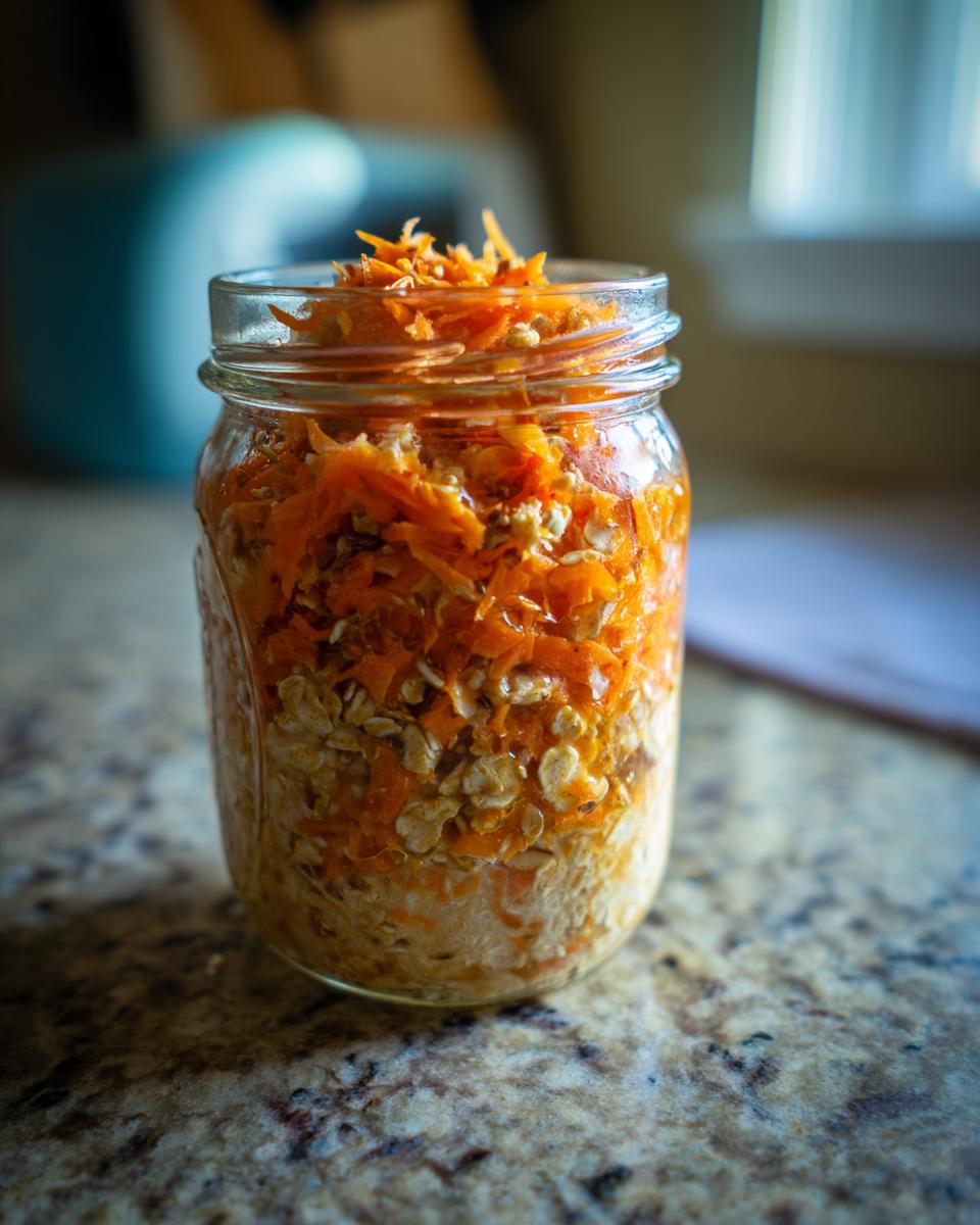 A close-up of Spiced Carrot Cake Overnight Oats layered in a glass jar, topped with shredded carrots.