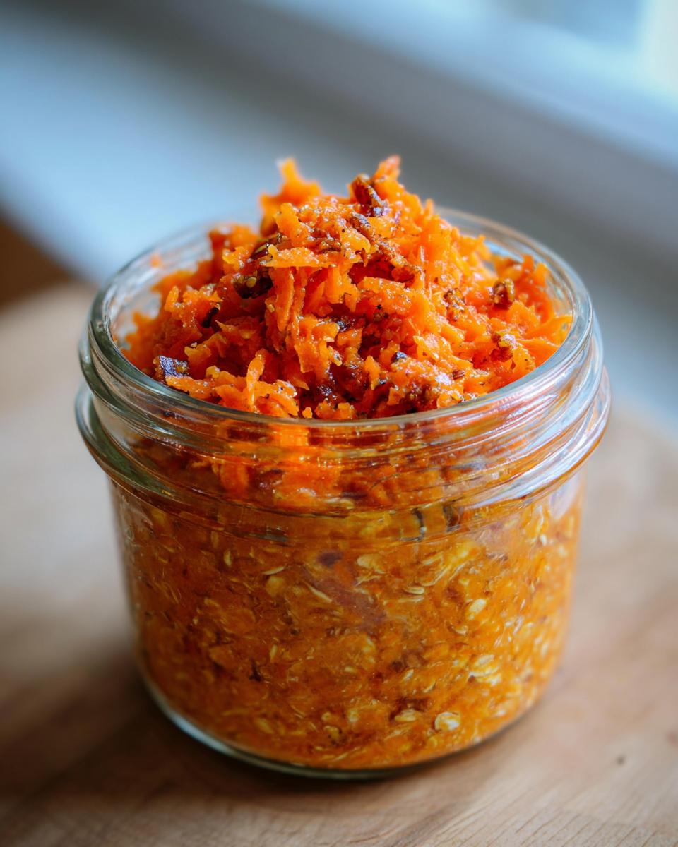 Close-up of Spiced Carrot Cake Overnight Oats in a glass jar, topped with shredded carrots and spices.