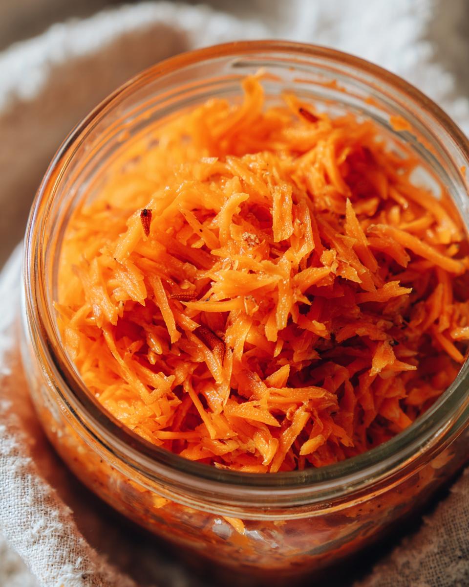 Close-up of shredded carrots in a glass jar, an ingredient for Spiced Carrot Cake Overnight Oats.