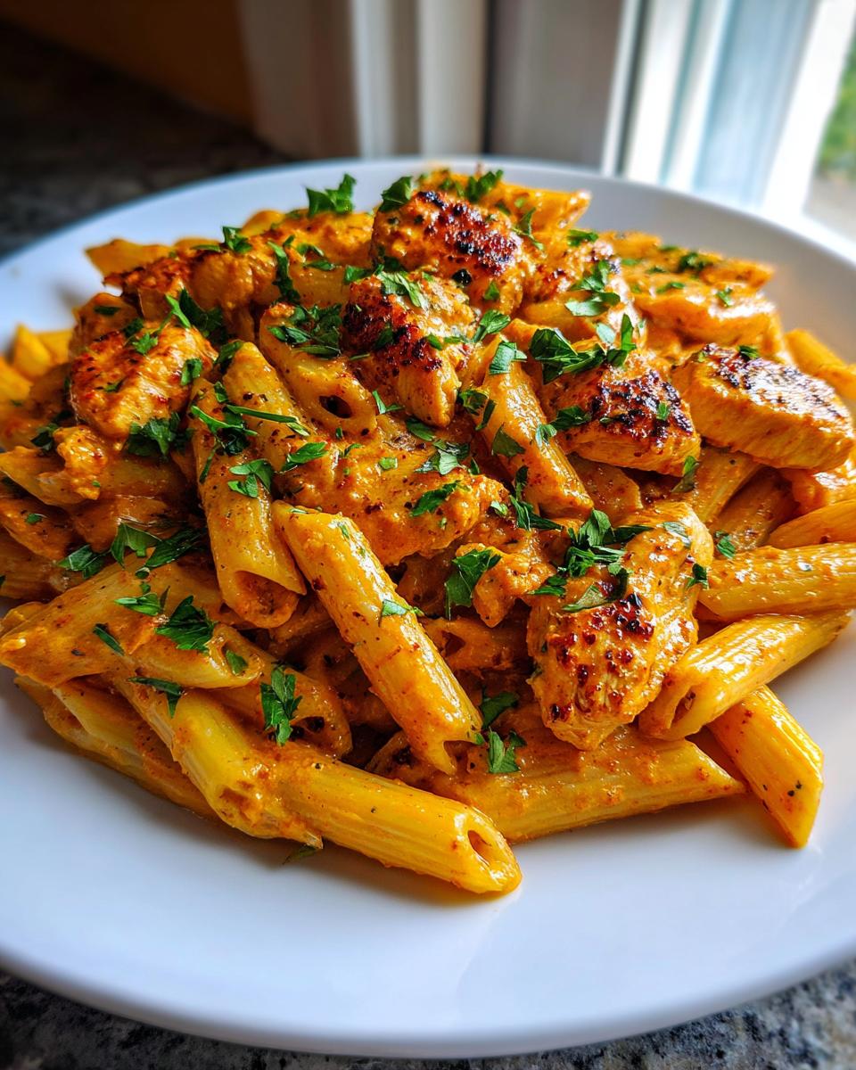 Close-up of Spicy Cajun Vodka Pasta Without Vodka featuring penne coated in a creamy orange sauce with chunks of seasoned chicken and fresh parsley.