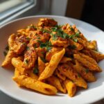 Close-up of penne pasta coated in a creamy, orange sauce with chunks of seasoned chicken, garnished with parsley. Spicy Cajun Vodka Pasta Without Vodka.