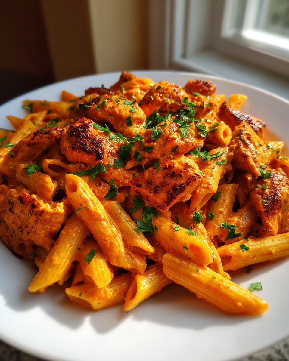 A plate of Spicy Cajun Vodka Pasta Without Vodka featuring penne pasta, creamy orange sauce, and blackened chicken pieces garnished with parsley.