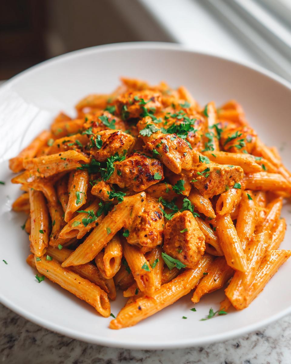 Close-up of Spicy Cajun Vodka Pasta Without Vodka featuring penne coated in creamy orange sauce and topped with seasoned chicken pieces and parsley.