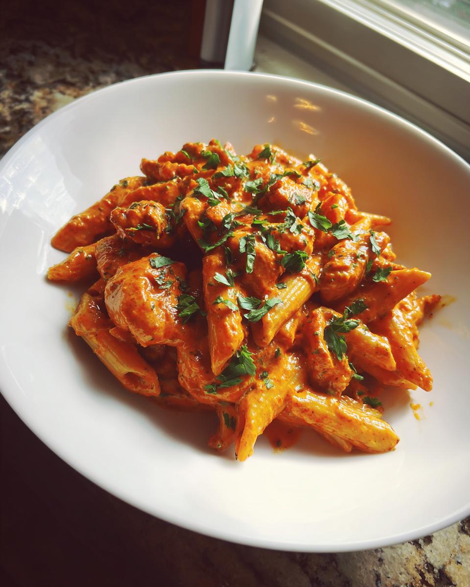 A close-up of Spicy Cajun Vodka Pasta Without Vodka, featuring penne coated in a creamy orange sauce and topped with fresh parsley.